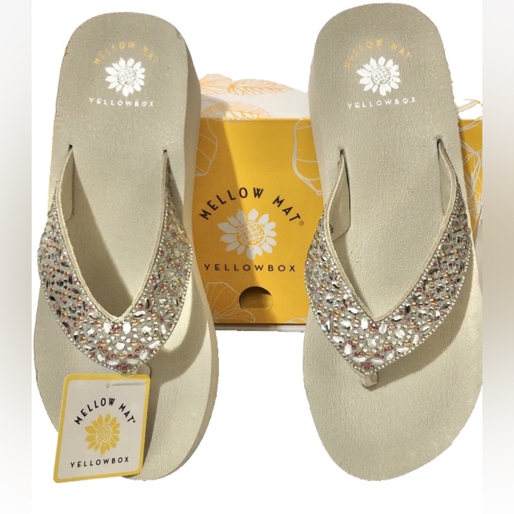 Yellow Box Cream Jeweled Flip Flops Size 7.5 New with Tags and Box